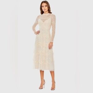 NWT | Mac Duggal Nude Sequined High Neck Long Sleeve Midi Dress Size 16